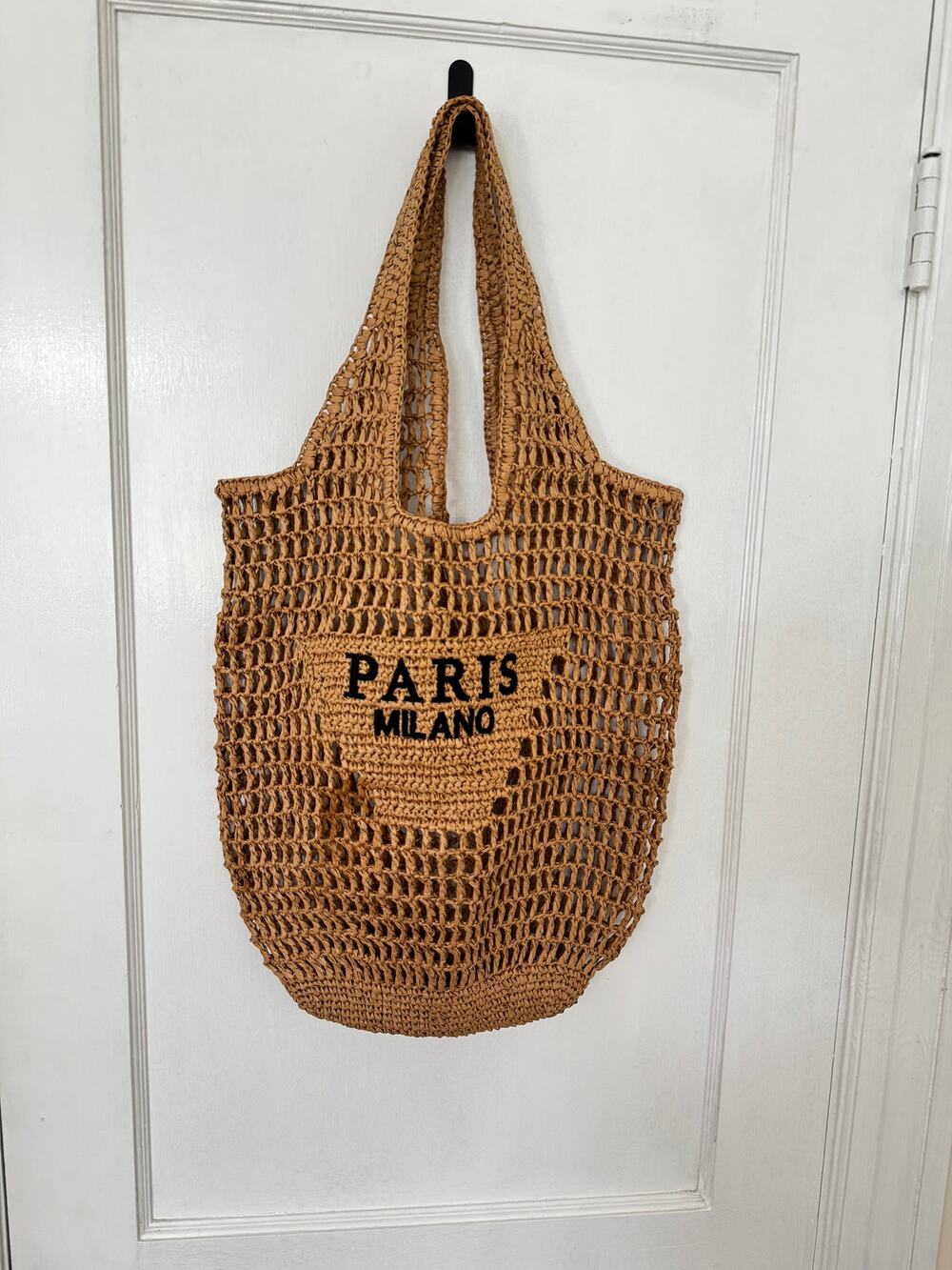 Natural Raffia Knit Tote Bag Embroidered 'Paris Milano'